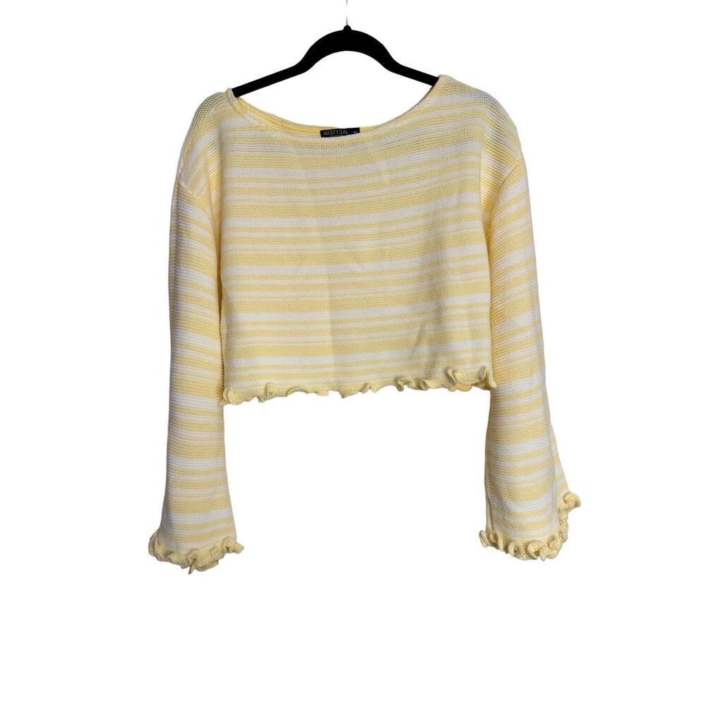 Nasty Gal Top Womens Size Medium Yellow Striped Ruffle Cropped Sweater